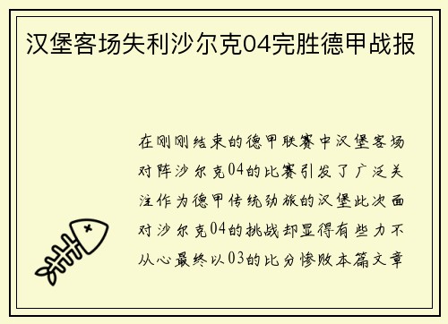 汉堡客场失利沙尔克04完胜德甲战报
